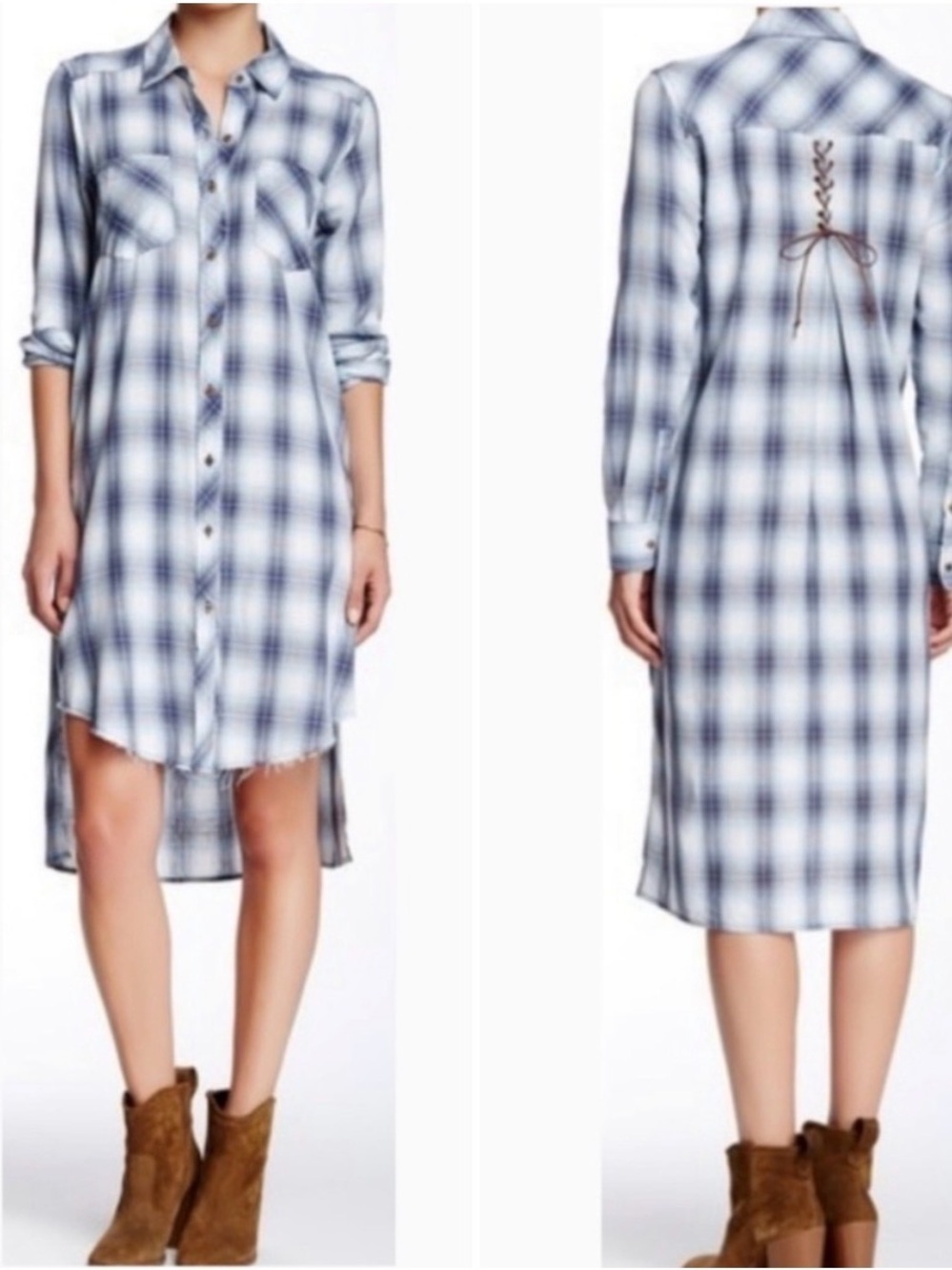 Democracy Plaid Cotton High-Low Shirt Dress Lace Up Back Size Medium Blue/White